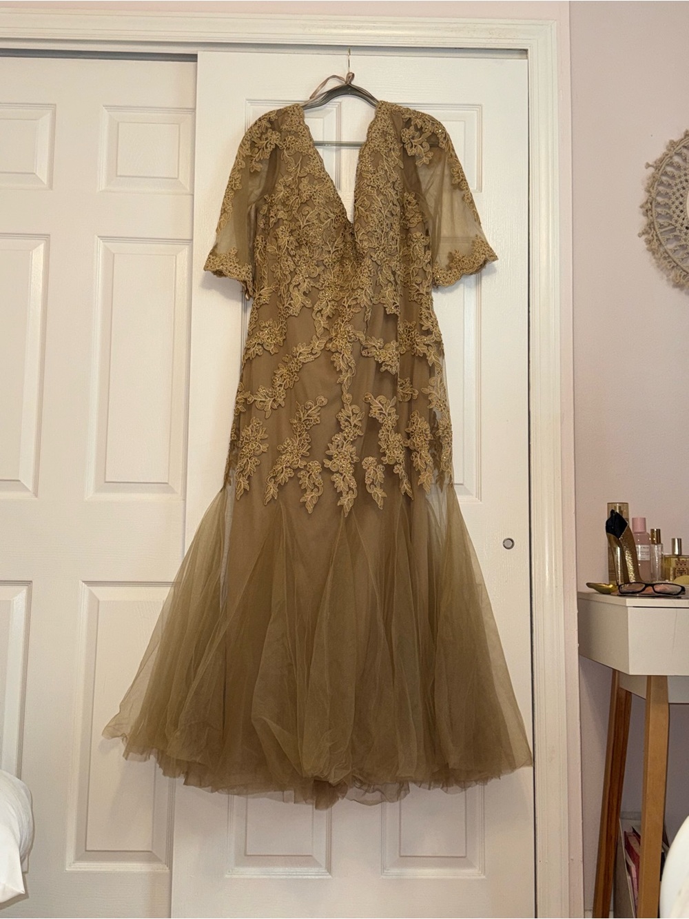 Embroidered Tulle Evening Gown in dark gold